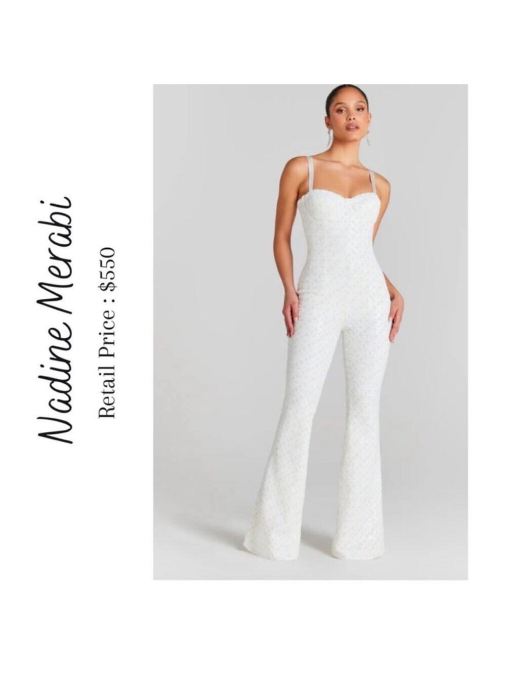 NADINE MERABI Ivory Lace Sweetheart Jumpsuit with Flared Legs